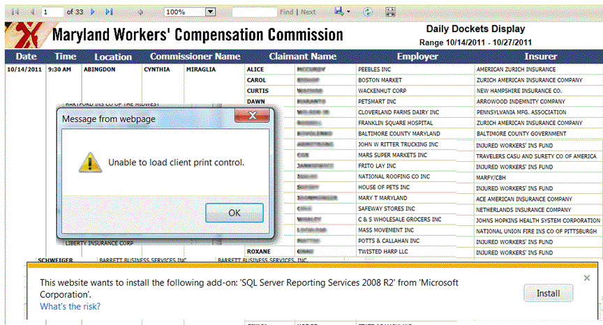 Screenshot shows the pop-up window and ActiveX alert to install the Report reader control